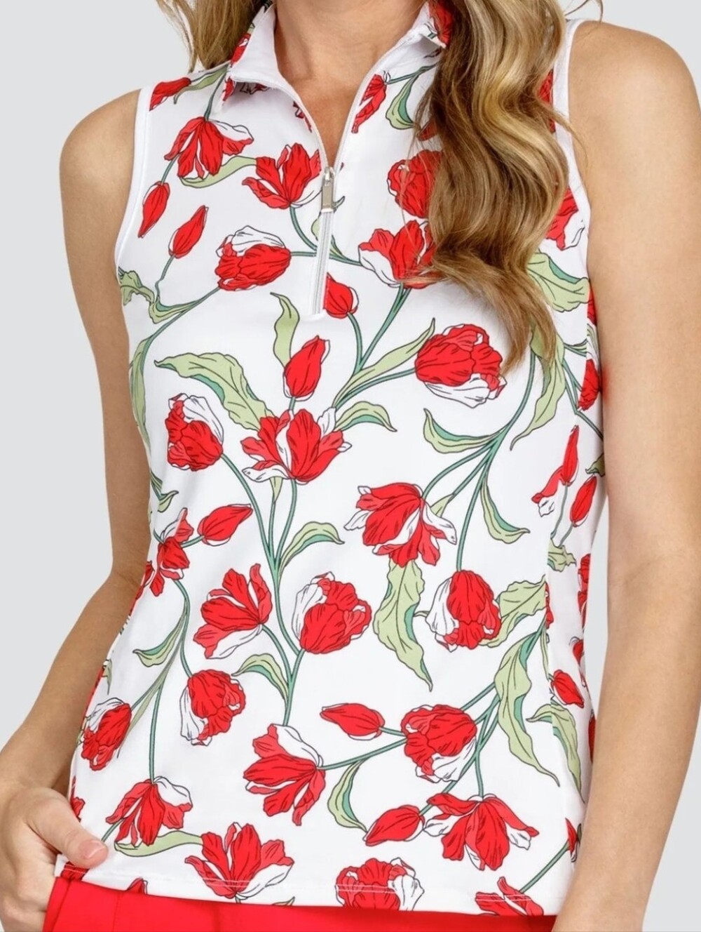 Sleeveless Mock Neck Floral Golf Top - Red Tulip Print Talla M